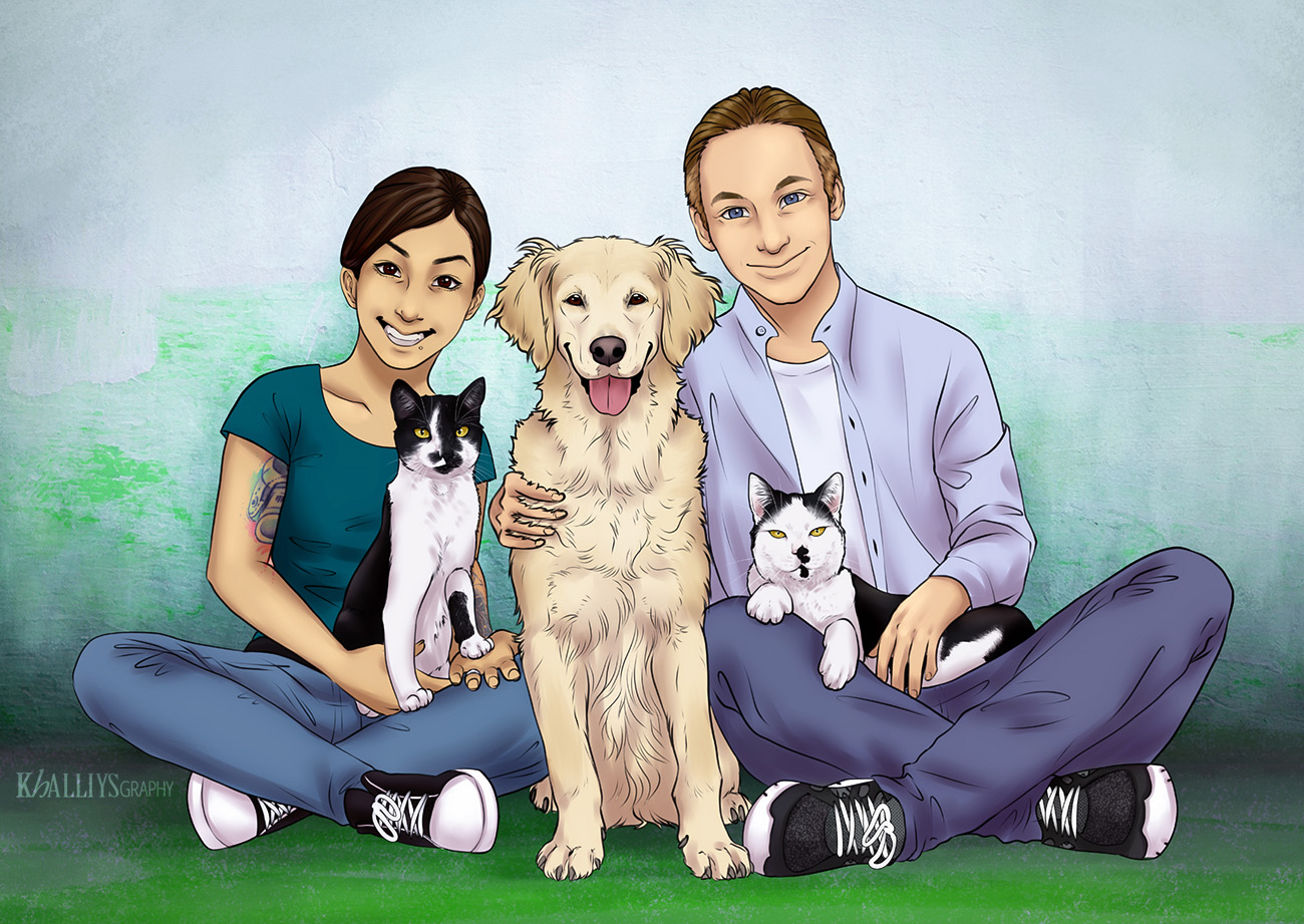 Illustration - Familienportrait mit Tieren